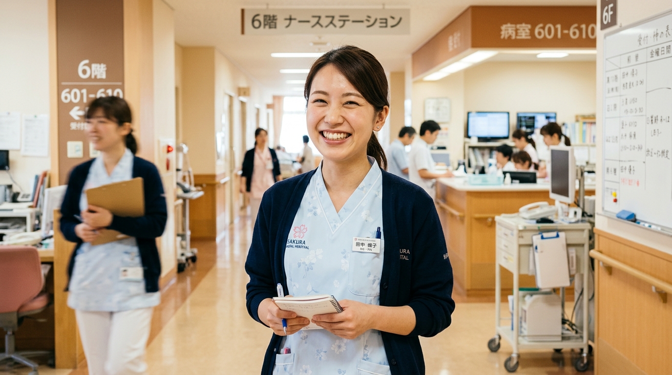 病院の廊下で笑顔を見せる若手看護師。明るく前向きな雰囲気