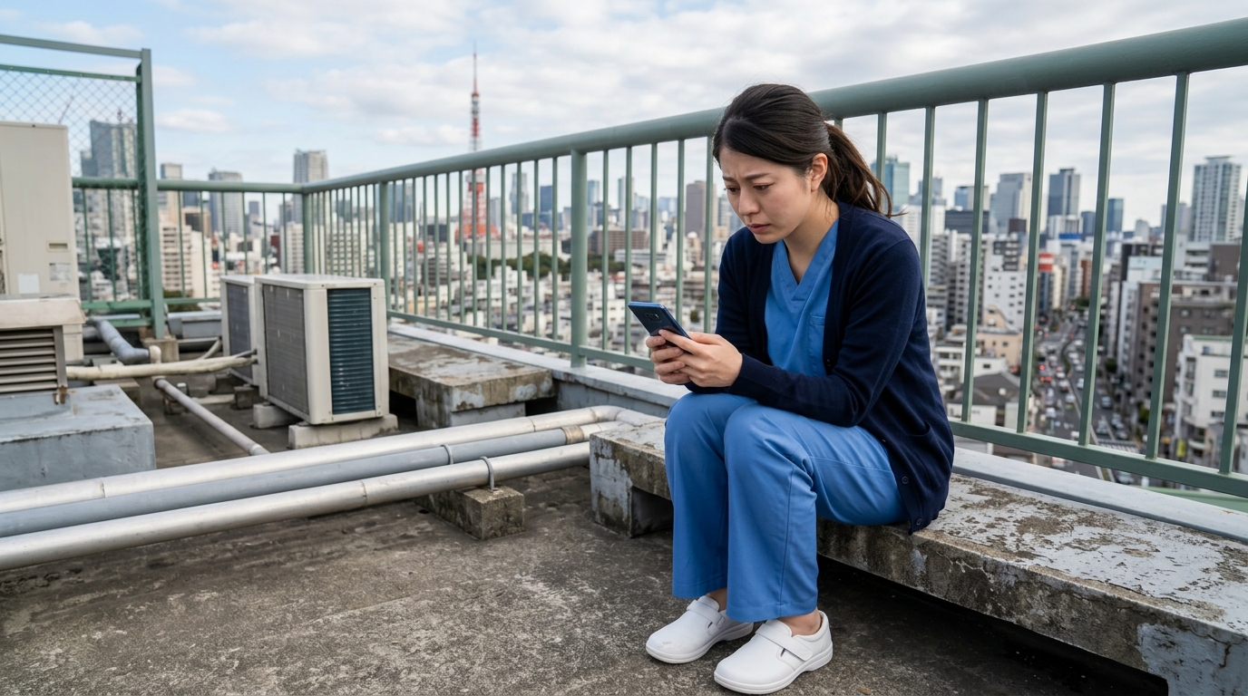 病院の屋上でスマホを見つめ悩む看護師。転職タイミングを検討する様子