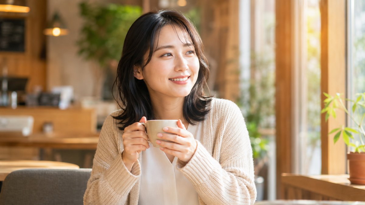 カフェで休日を過ごす看護師。ワークライフバランスのイメージ