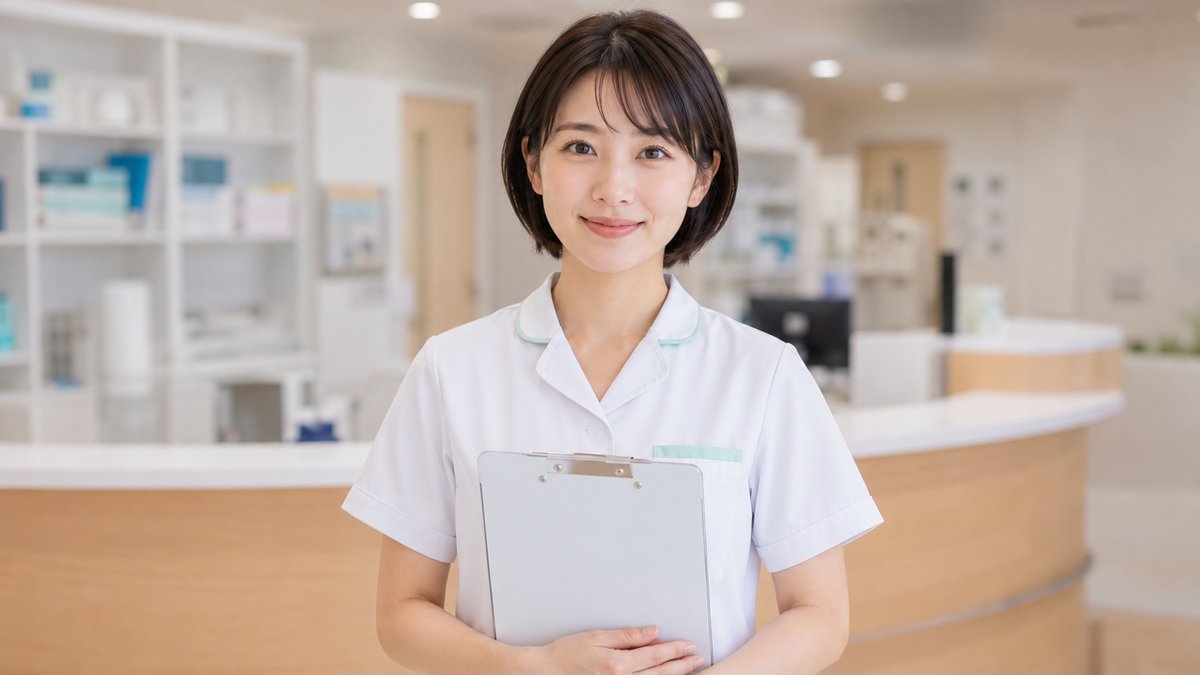 白衣を着てクリップボードを持つ看護師。ナースステーションでの業務風景