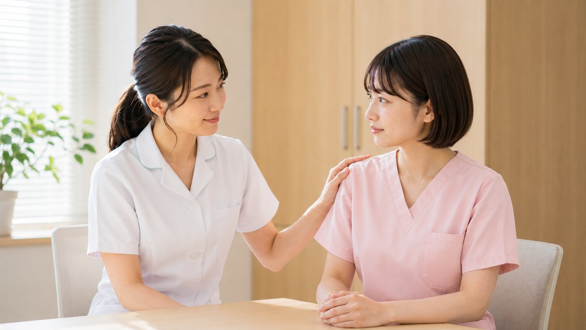 先輩看護師が後輩の相談に乗る場面。指導とサポートの様子