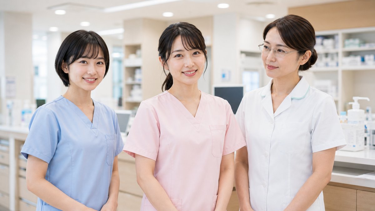 多様な年代と服装の看護師3名。チーム医療の様子